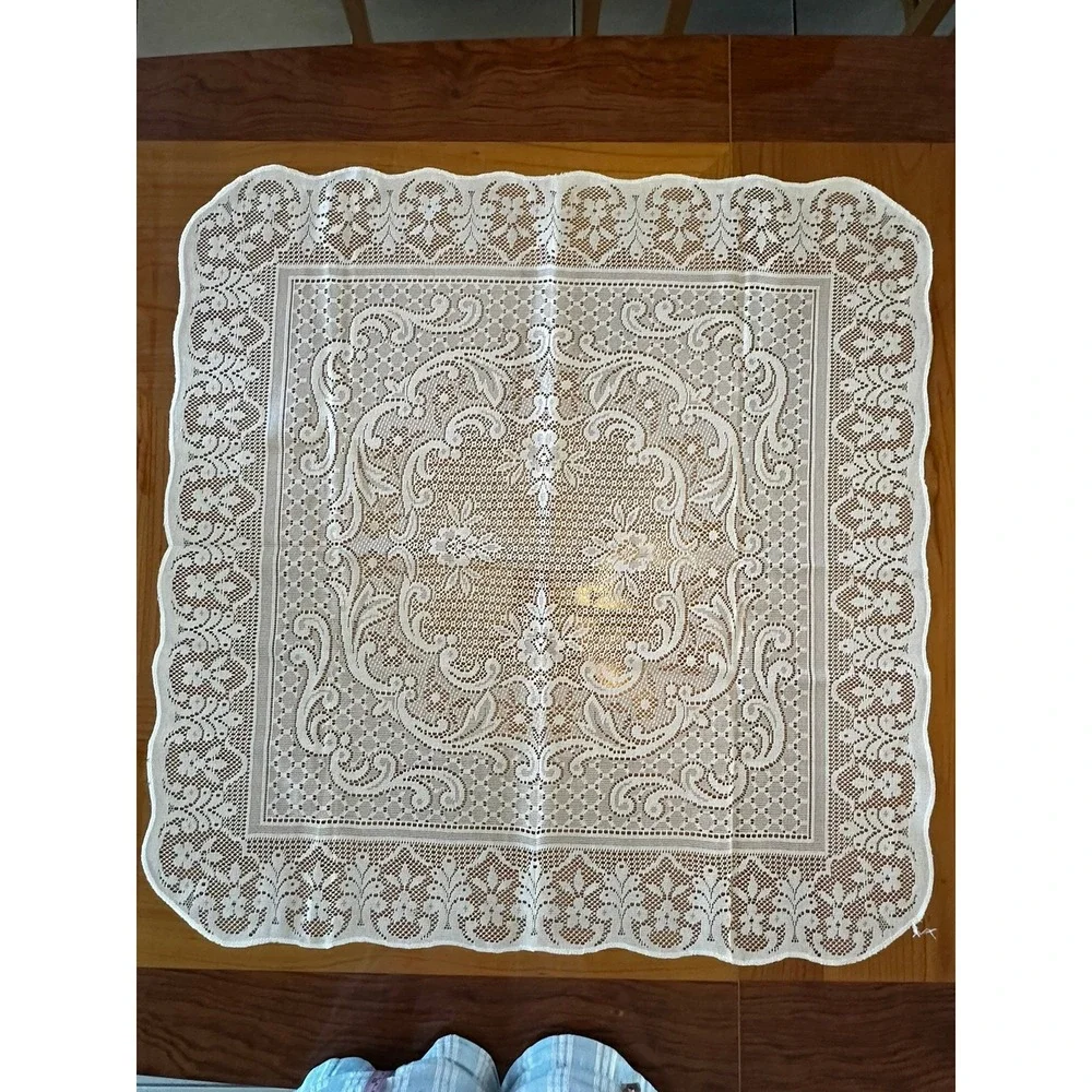 Vintage White Lace Square Table Topper Scalloped Edge Floral Medallion Set of 2